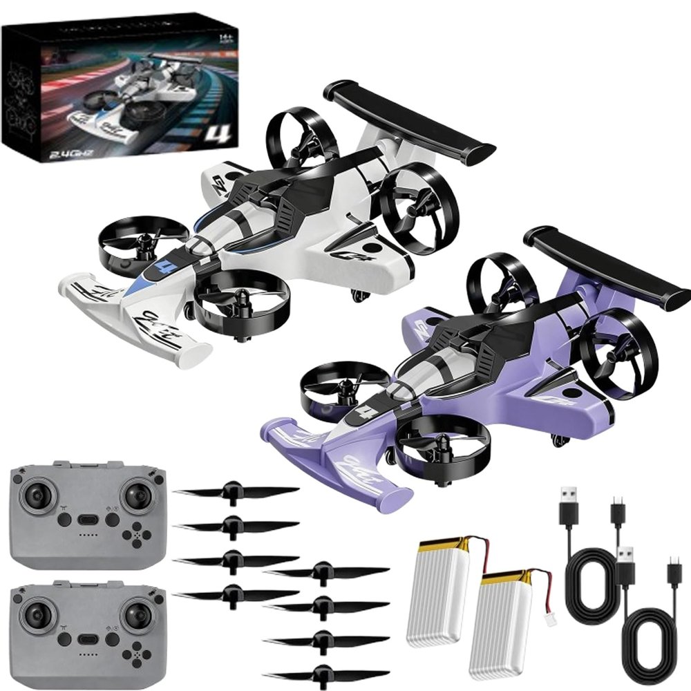 2-in-1 Flying Car & Stunt Drone, Flying Car Toy, 2 in 1 Land and Air 360 Aircraft High Speed Drift Cars with Remote Control, For Indoor Outdoor (White + Violet)