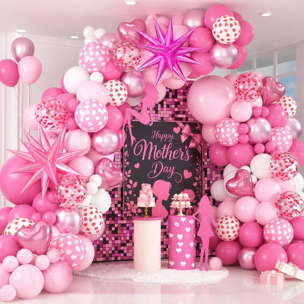 Mother's Day Balloon Arch Garland Kit, Mother's Day Party Decorations with Pink White Balloons Heart Balloon Gals Letter Balloons for Mother Day Party Valentines Birthday Party Supplies