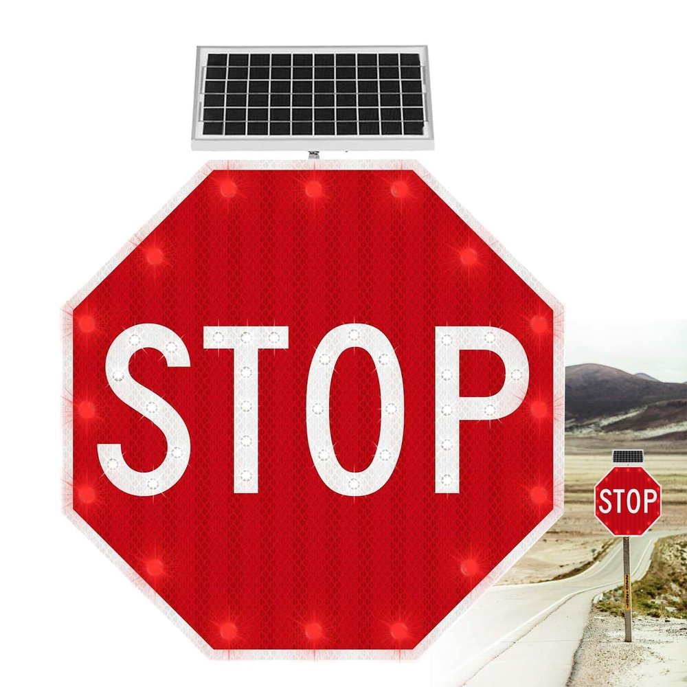 32" Solar-Powered LED Flashing Traffic Sign - Heavy Duty, Rust-Proof Metal Frame, IP65 Waterproof, Illuminated Road Safety Sign for Enhanced Visibility