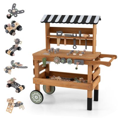 Costzon Kids Tool Bench, 2-in-1 Wooden Kids Workbench w/Play Tools Set, Canopy, Rolling Wheels for Construction Play, Outdoor Toddler Workbench Playset, Pretend Workshop Toy Gift for Boys & Girls 3+