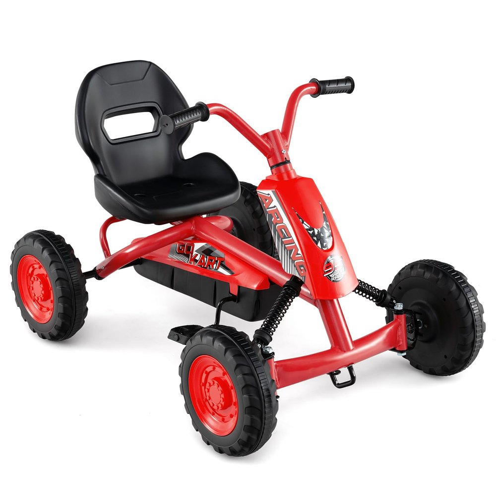 Costzon Go Kart for Kids, 4 Wheel Toddler Ride On Pedal Car with Steering Handlebars, Adjustable Seat, Outdoor Off-Road Racer Kiddie Cart, Toy Car Gift for Boys Girls Aged 3+ (Red)