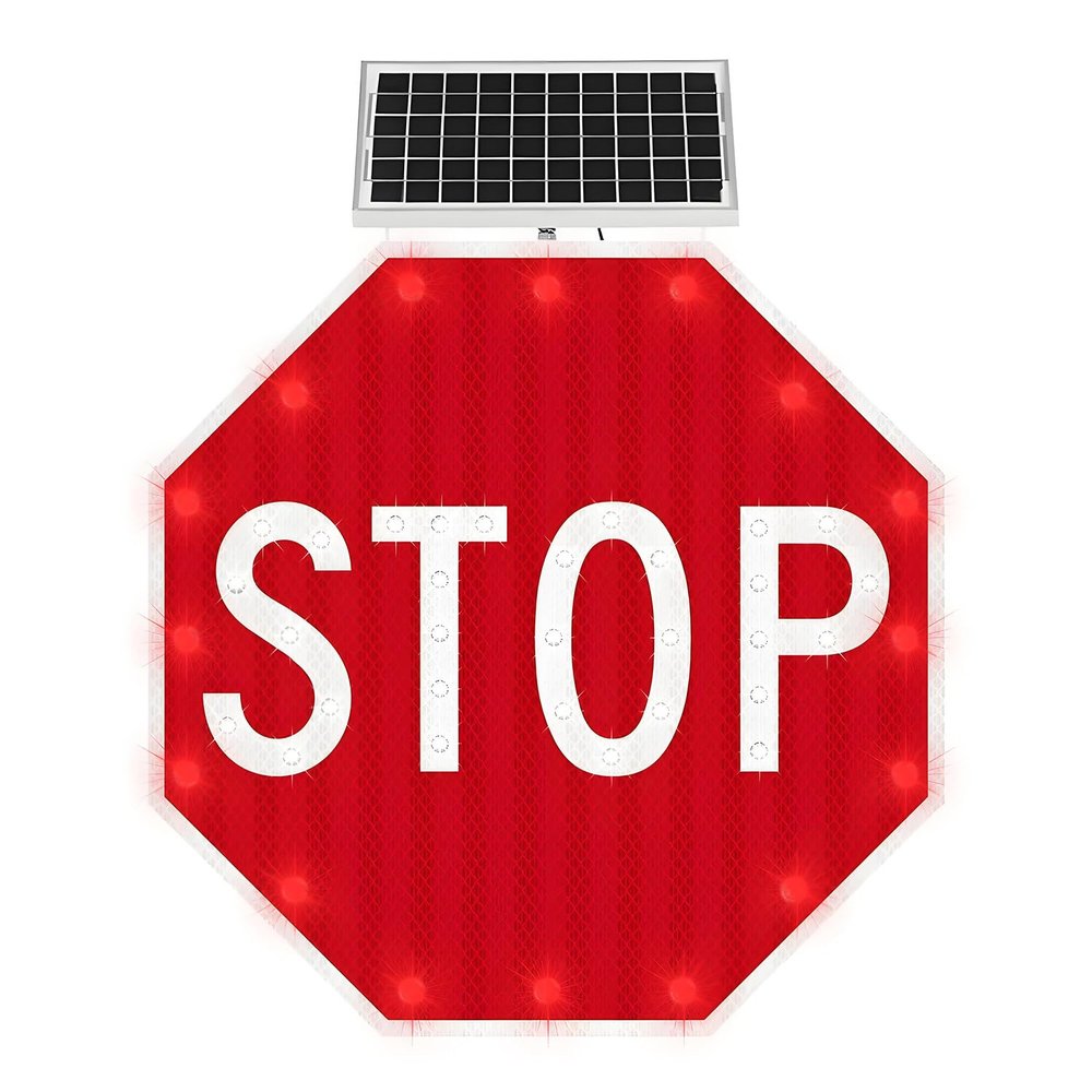 24" 32" Solar LED Stop Sign - Flashing Traffic Warning Sign with Reflective Film, Easy Installation, Waterproof & Windproof for Road Safety