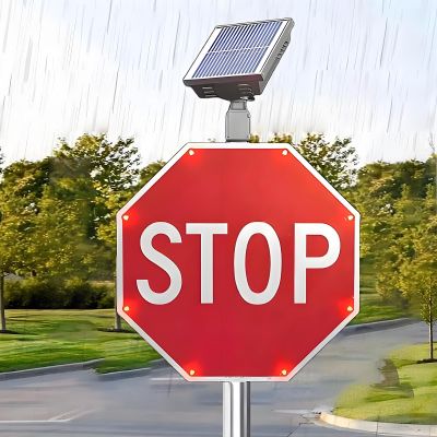 24"/32" Solar LED Stop Sign - Aluminum Octagon Traffic Sign with Blinking Lights, Waterproof IP65, Rust-Proof Metal Frame, Energy-Efficient Solar Powered, 60cm (24in)