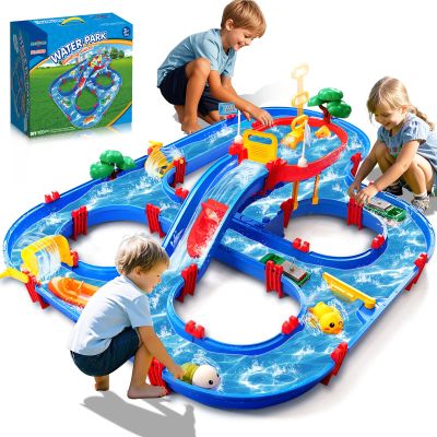 TERRAMUS Double-Tier Kids Water Table Toys, 100PCS Water Park Playset with Pump, DIY Toddler Waterways, Summer Outdoor Toys for Backyard,Lawn,Beach,Pool, Outside Activity Funs for Boys Girls 4-8 3-5