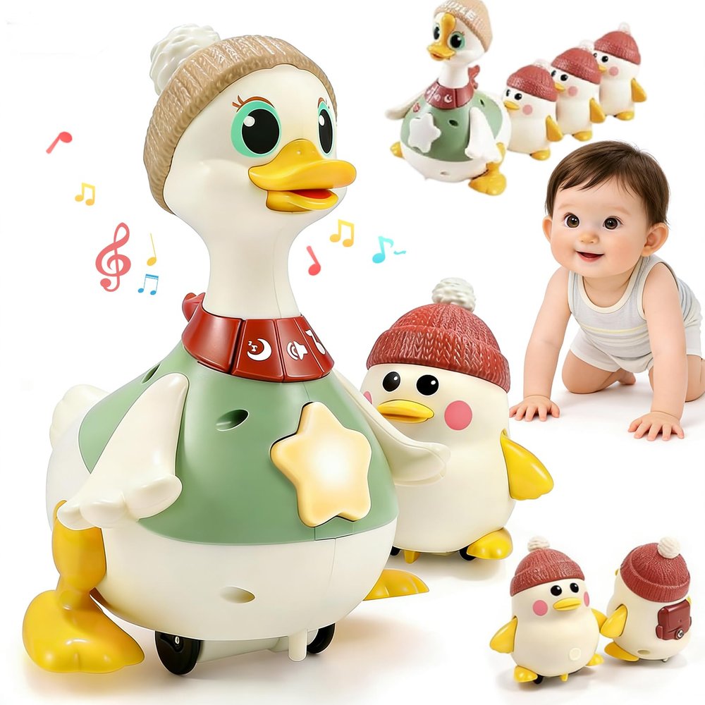 Dancing Ducks Tummy Time with Music, Little Duck Family Tummy Time Toys, Musical Crawling Duck Toy with Light-Up Dancing and Interaction Modes, for 1 Year Old Boy Girl Gifts Stocking Stuffers (1+1)
