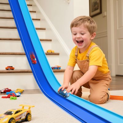 Flex Tracks 15 Ft Starter Set, Flexible Race Track for Kids 3+ with Suction Cups, Flexible Race Car Ramp Track Compatible with 1/64 Diecast Cars, Portable Rolls Up Race Tracks (Double Blue)