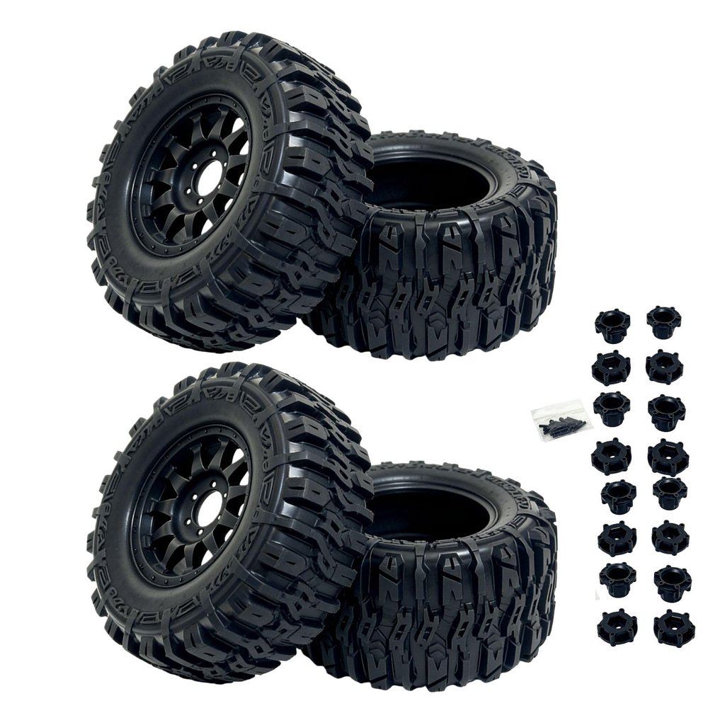 1/7 1/8 RC Monster Truck Tires and Wheels 12mm 14mm 17mm Hex, 6.69" OD Off-Road Tyres for Traxxas Maxx TMaxx Summit E-Revo 3.3 Arrma Kraton Notorious Outcast 6S Typhon 3S, Detachable Adapter Design