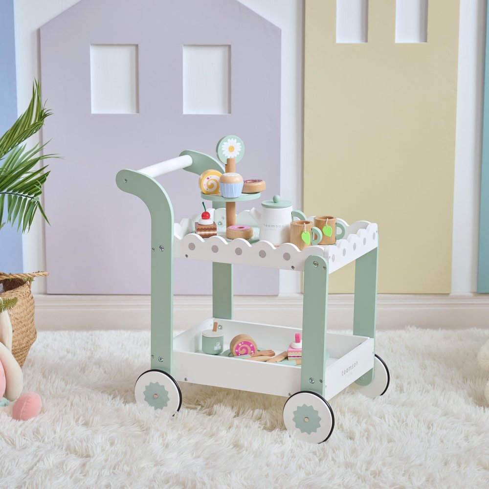 Teamson Kids Afternoon Sip Dessert Cart with 24 Pcs Tea & Dessert Set, White/Mint Green Pretend Play Toy Cart with Rolling Wheels for Toddlers & Girls, Encourages Imaginative Play, Ages 3 and Up