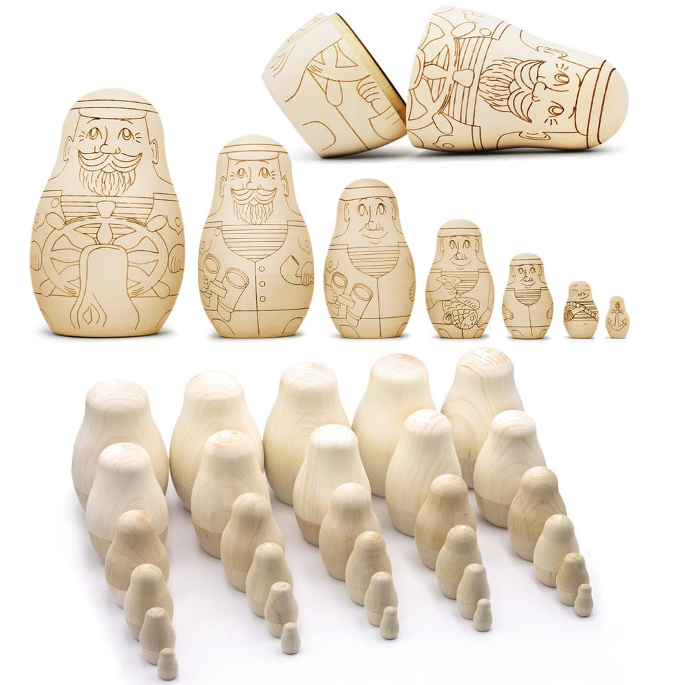 AEVVV 37-Pc Wooden Nesting Dolls Bundle: Unfinished Classic & Nautical Set for DIY Art, Crafting & Home Decor