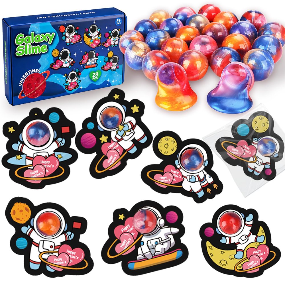 28 Pack Valentines Day Gifts for Kids Classroom, Galaxy Slime Valentines Cards for Kids School, Valentines Day Slime Toys Classroom Valentines Exchange Cards Valentine Party Favors for Boys Girls