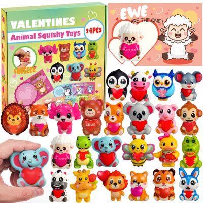 24Pcs Valentines Animal Squishy Toys, Valentines Day Gifts with Cards, Kids Party Favors, Galentines School Gift Exchange, Classroom Prizes, Candy Bag Stuffers