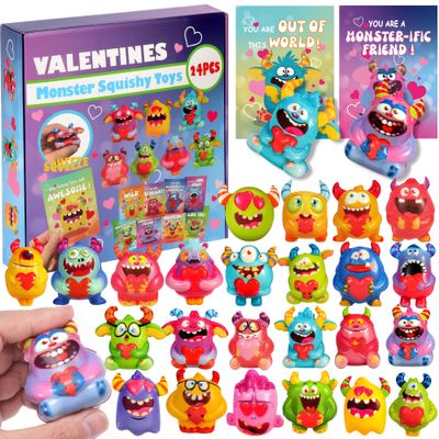 24 Pcs Monster Squishy Toys with Cards for Kids Valentines Day Gifts, Galentines School Gift Exchange, Classroom Prizes, Bag Fillers, Party Favors