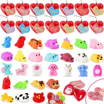 28 Pack Valentines Day Gifts for Kids Classroom Mochi Squishies Fidget Toys Filled Heart & Valentines Day Cards for Kids School, Valentines for Class Exchange Gifts School Party Favors for Boys Girls