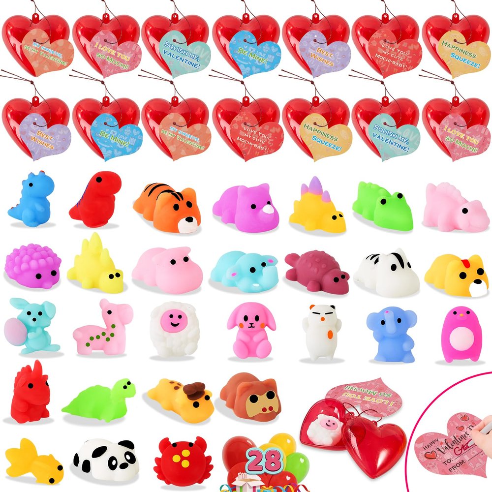 28 Pack Valentines Day Gifts for Kids Classroom Mochi Squishies Fidget Toys Filled Heart & Valentines Day Cards for Kids School, Valentines for Class Exchange Gifts School Party Favors for Boys Girls