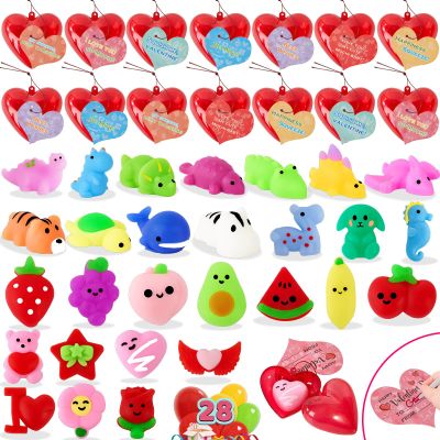 28 Pack Valentines Day Gifts for Kids Classroom Mochi Squishies Fidget Toys Filled Heart & Valentines Day Cards for Kids School, Valentines for Class Exchange Gifts School Party Favors for Boys Girls