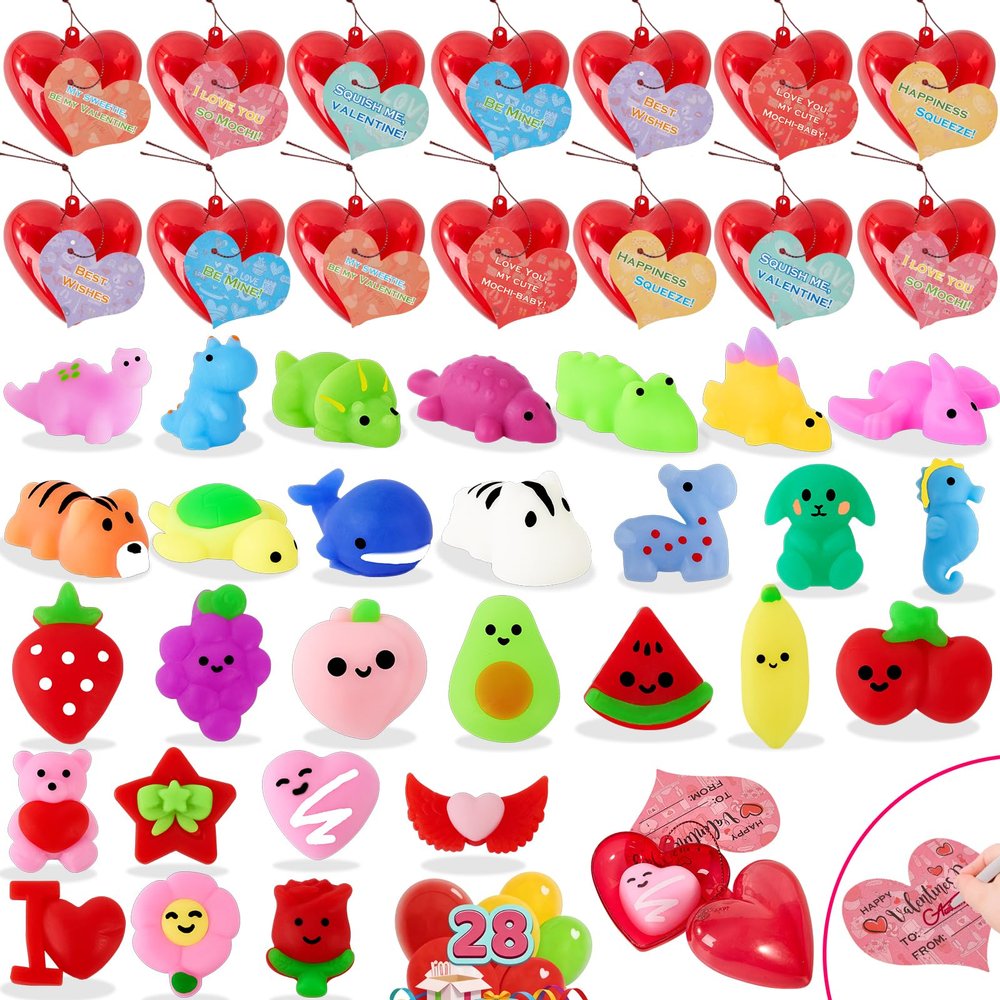 28 Pack Valentines Day Gifts for Kids Classroom Mochi Squishies Fidget Toys Filled Heart & Valentines Day Cards for Kids School, Valentines for Class Exchange Gifts School Party Favors for Boys Girls