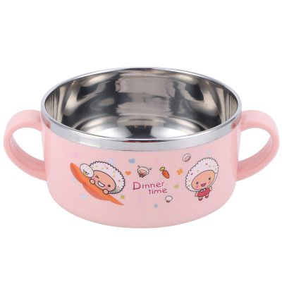 OEBUAFI Bowl, 304 Stainless Steel Feeding Bowl with Lid, Double Layer Design for, Ideal Tableware for Ages 0-3 (Pink)