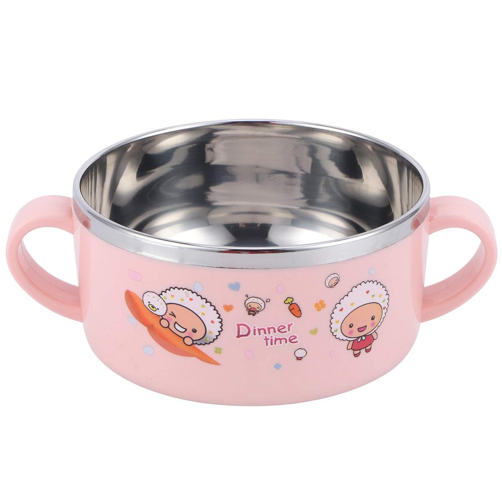 OEBUAFI Bowl, 304 Stainless Steel Feeding Bowl with Lid, Double Layer Design for, Ideal Tableware for Ages 0-3 (Pink)