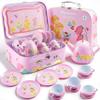 JOYIN Fairy Blossom Tea Party Set for Little Girls, Pretend Pink Tin Teapot Set, Princess Tea Time Play Kitchen Toy with Teapot, Cup, Plate, Carrying Case for Kids Toddlers Age 3 4 5 6 view 1