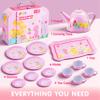 JOYIN Fairy Blossom Tea Party Set for Little Girls, Pretend Pink Tin Teapot Set, Princess Tea Time Play Kitchen Toy with Teapot, Cup, Plate, Carrying Case for Kids Toddlers Age 3 4 5 6 view 2