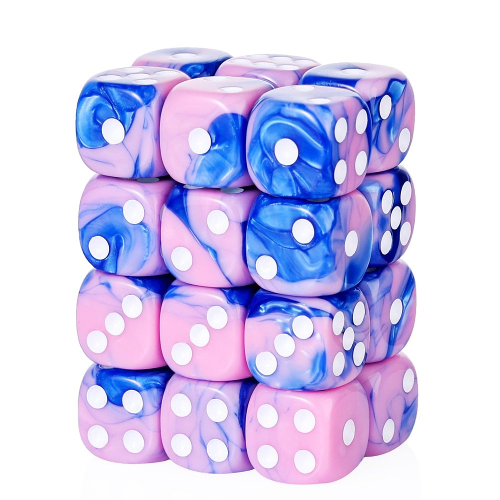 24 Piece Dual-Tone Round Corner 16mm dice 6 Sided dice d6 dice Set for DND, MTG, Tenzi, Farkle, Bunco, Card Gaming & Math Learning with Portable Storage Pouch(Pink-Blue)
