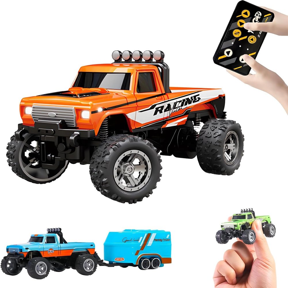 2026 Upgrade Mini RC Car, 1/64 Scale Mini Remote Control Monster Truck with Trailer, 2.4Ghz & APP Remote Control, Rechargeable Alloy Shell Mini RC Cars with Lights, Gifts for Christamas (Orange)
