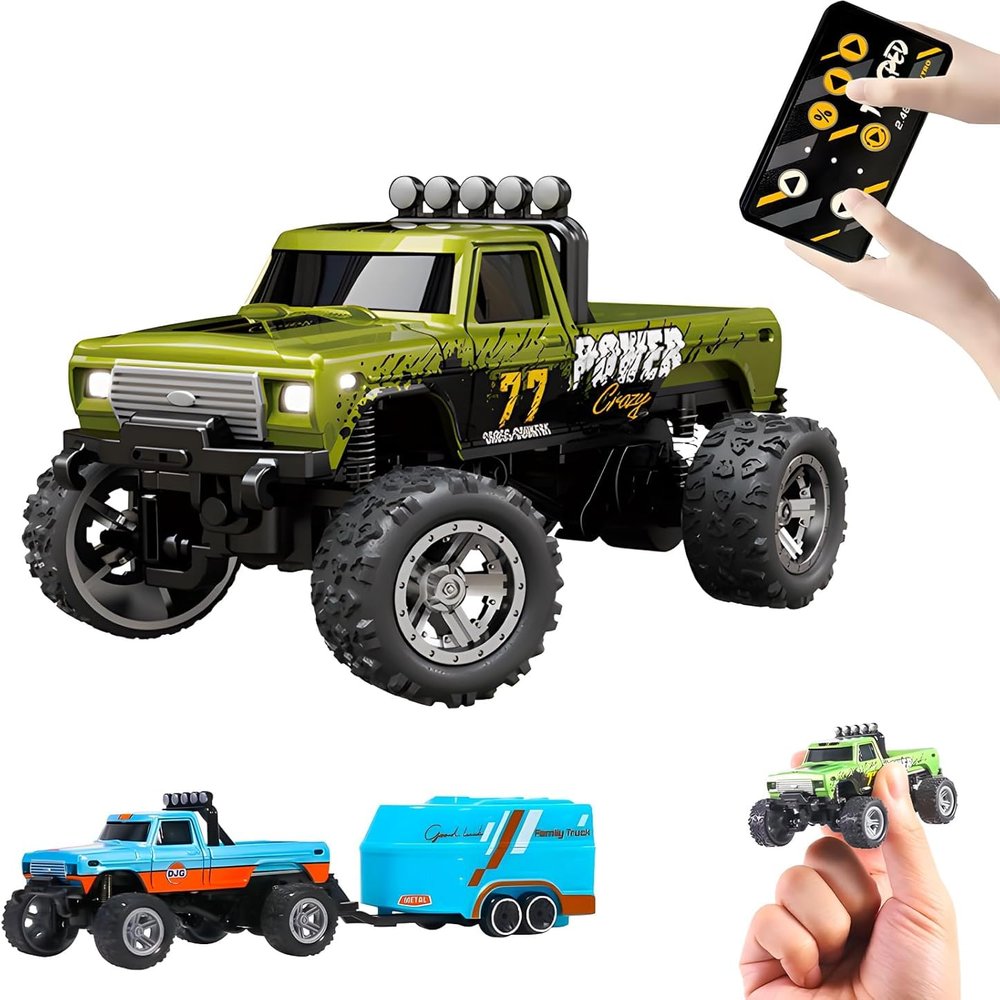 2026 Upgrade Mini RC Car, 1/64 Scale Mini Remote Control Monster Truck with Trailer, 2.4Ghz & APP Remote Control, Rechargeable Alloy Shell Mini RC Cars with Lights, Gifts for Christamas (Olive Green)
