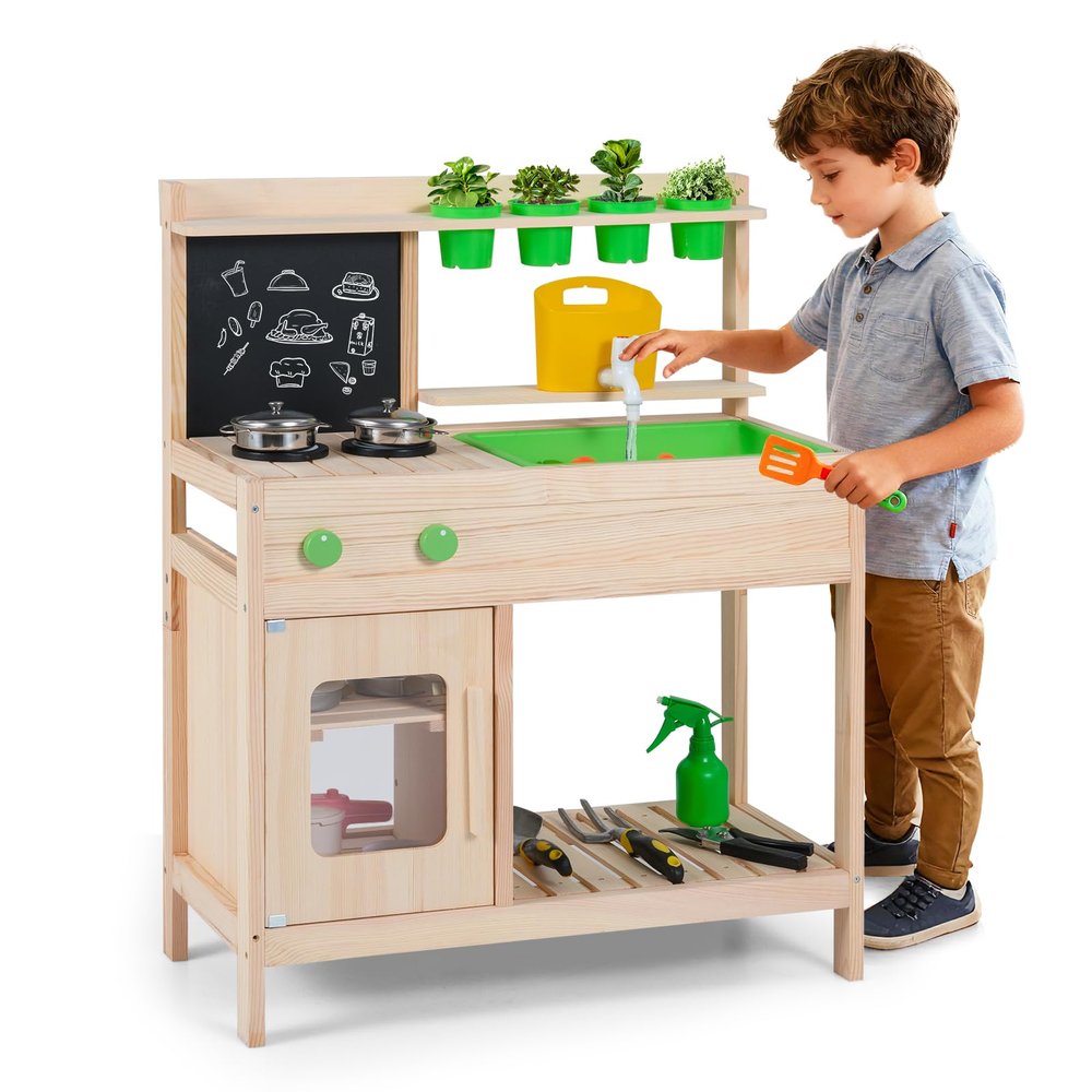 HONEY JOY Mud Kitchen with Running Water, Fir Wood Play Kitchen for Toddlers, 4 Planter Pots w/Accessories, Chalkboard, Sink & Faucet, Outdoor Kids Kitchen Playset for Garden Fun (4 Planter Boxes)