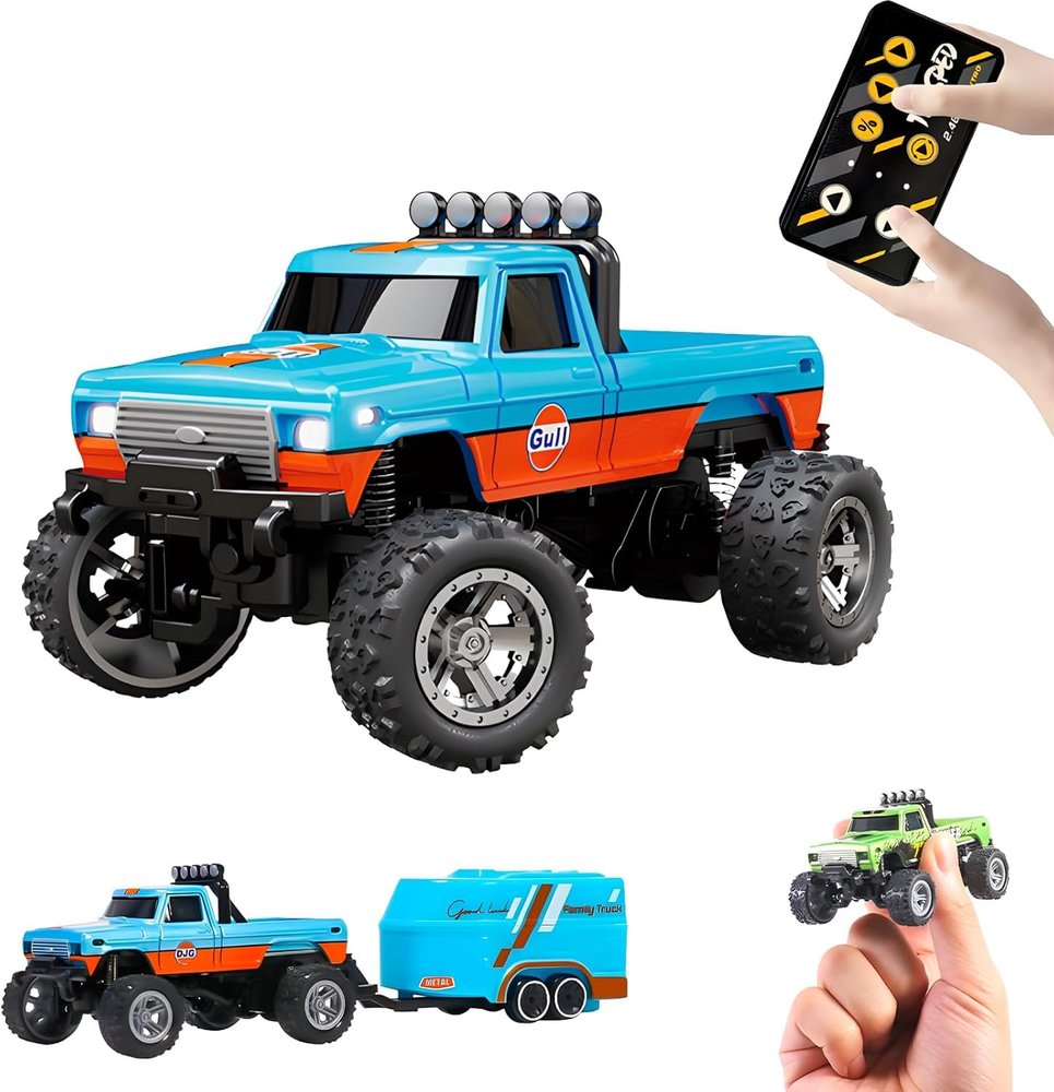 2026 Upgrade Mini RC Car, 1/64 Scale Mini Remote Control Monster Truck with Trailer, 2.4Ghz & APP Remote Control, Rechargeable Alloy Shell Mini RC Cars with Lights, Gifts for Christamas (Orange&Blue)