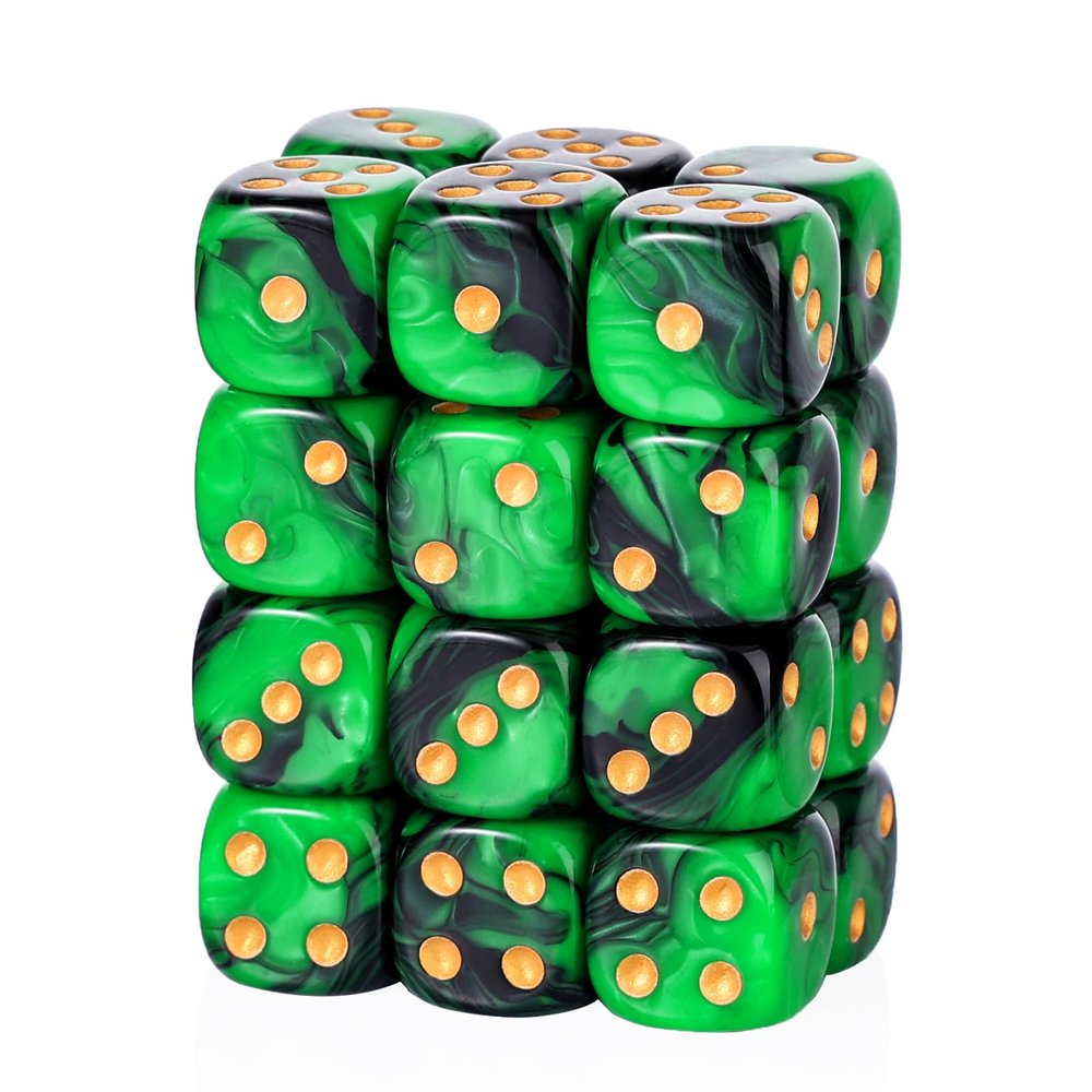 24 Piece Dual-Tone Round Corner 16mm dice 6 Sided dice d6 dice Set for DND, MTG, Tenzi, Farkle, Bunco, Card Gaming & Math Learning with Portable Storage Pouch(Green-Black)