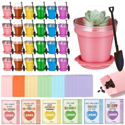24 Set Valentines Day Cards for Kids Classroom,Nursery Pots with Humidity Dome Shovel and Seed Packet,Small Plastic Plant Pots Valentines Party Favors for Classroom Exchange (Not Included Seeds)