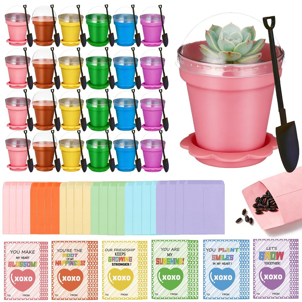 24 Set Valentines Day Cards for Kids Classroom,Nursery Pots with Humidity Dome Shovel and Seed Packet,Small Plastic Plant Pots Valentines Party Favors for Classroom Exchange (Not Included Seeds)
