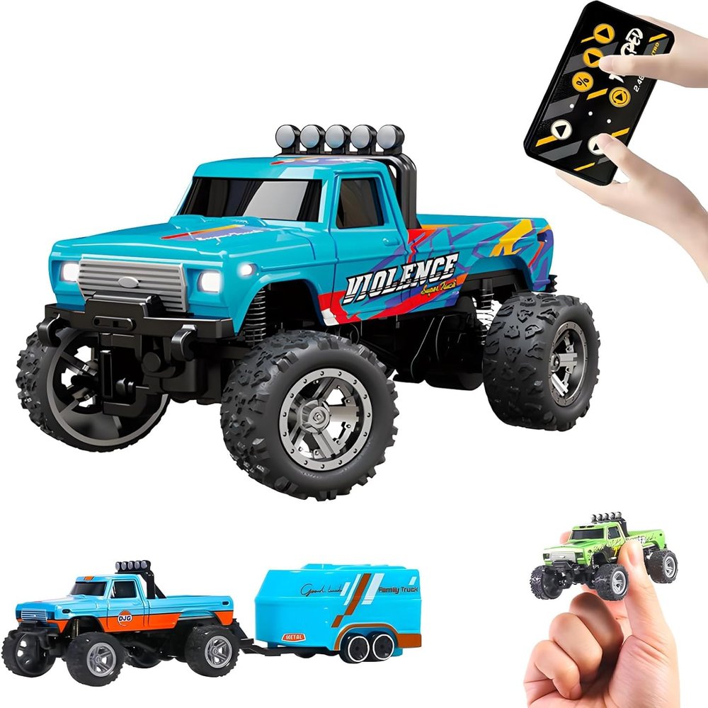 2026 Upgrade Mini RC Car, 1/64 Scale Mini Remote Control Monster Truck with Trailer, 2.4Ghz & APP Remote Control, Rechargeable Alloy Shell Mini RC Cars with Lights, Gifts for Christamas (All Blue)