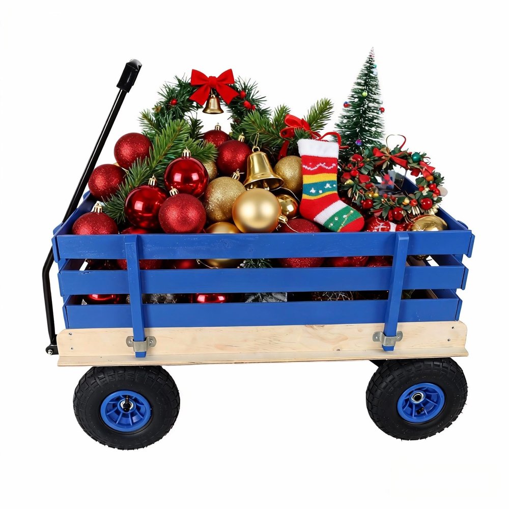 Wooden Garden Wagon with Air-Filled Tires,Heavy-Duty Steel Pull Cart for Kids & Adults,176LB Capacity,Removable Wooden Panels,Outdoor Pull Cart for Yard Work,Toy Storage,Black Metal Handle,Fresh Blue