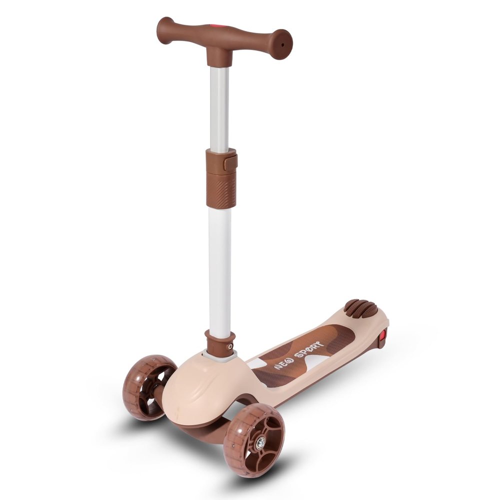 Kids Kick Scooter for Boys & Girls Ages 3-14, LED Lighted Wheels, 3 Adjustable Height Handlebars, Lean-to-Steer & Widen Anti-Slip Deck, Weight Limit 100 Lbs (Brown)