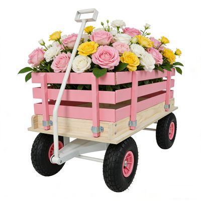 Heavy-Duty Steel Garden Wagon with All-Terrain Air-Filled Tires for Kids & Adults,Removable Wooden Panels,Outdoor Pull Cart for Yard Work,Toy Storage,White Metal Handle,Pink