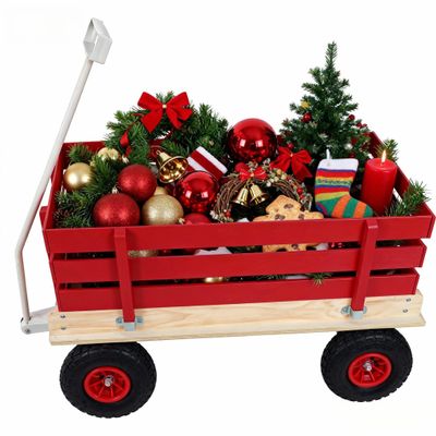 Wooden Garden Wagon with Air-Filled Tires,Heavy-Duty Steel Pull Cart for Kids & Adults,Removable Wooden Panelsfor Outdoor Camping, Courtyard Transportation and Family Trailer,White Metal Handle,Red