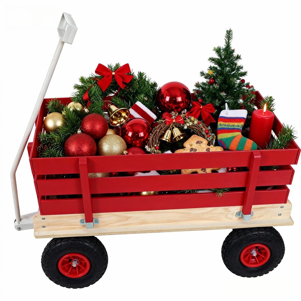 Wooden Garden Wagon with Air-Filled Tires,Heavy-Duty Steel Pull Cart for Kids & Adults,Removable Wooden Panelsfor Outdoor Camping, Courtyard Transportation and Family Trailer,White Metal Handle,Red