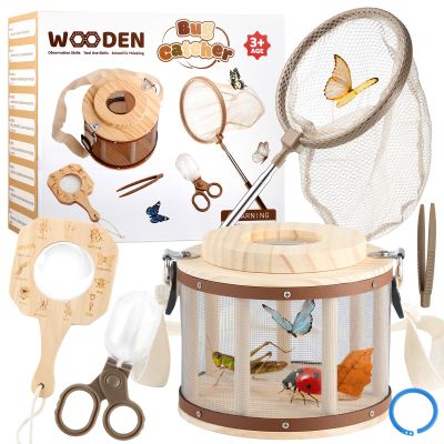 GAGAKU Kids Bug Catching Kit with Backpack - 8 in 1 Outdoor Explorer Set with Net, Wooden Box & Magnifying Glass, STEM Science Educational Toys Gifts for Boys Girls Ages 4-12