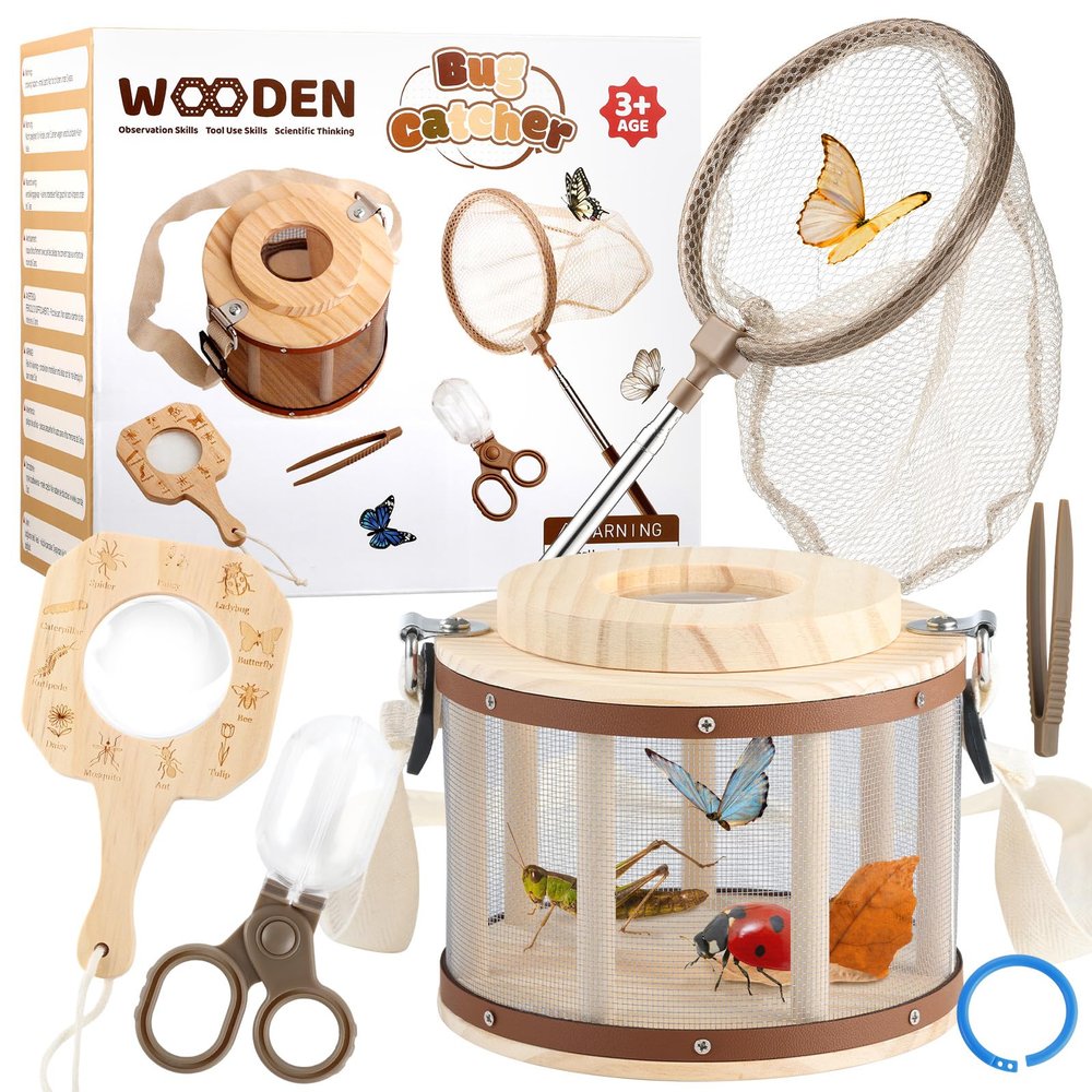 GAGAKU Kids Bug Catching Kit with Backpack - 8 in 1 Outdoor Explorer Set with Net, Wooden Box & Magnifying Glass, STEM Science Educational Toys Gifts for Boys Girls Ages 4-12