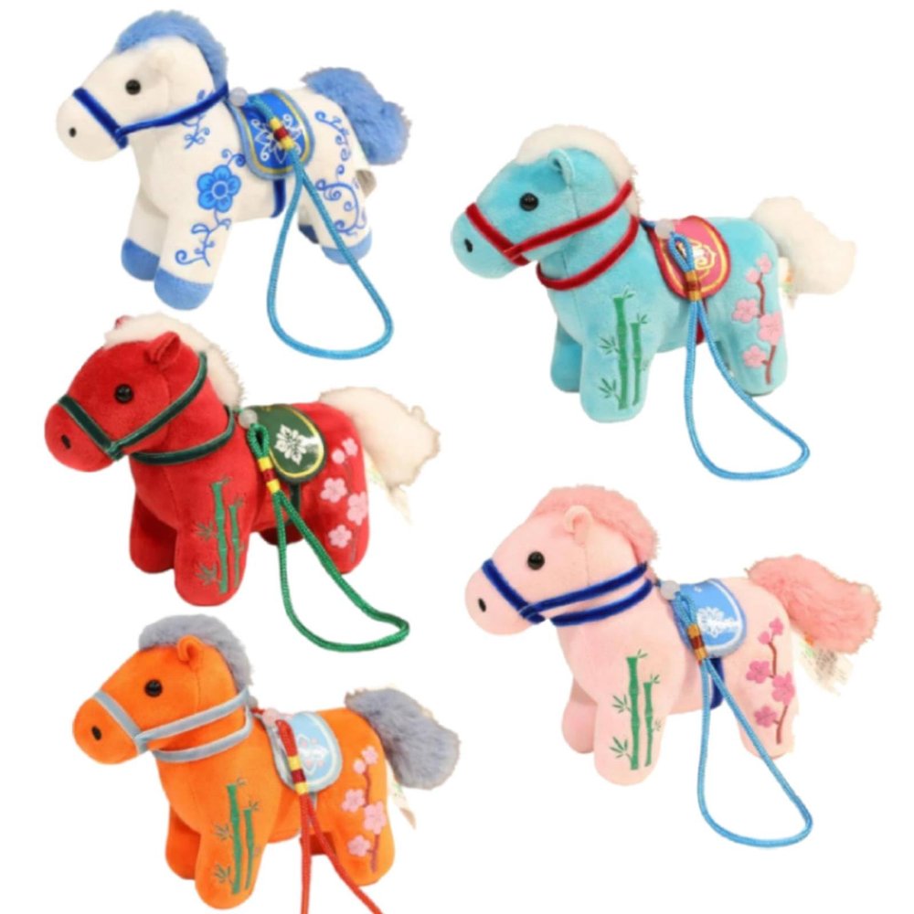 2026 Year of The Horse Chinese New Year Ornaments,5Pcs Chinese Zodiac Horse Pendant Statues Plush Toy Chine-se New Yea-r Mascot Figurine Stuffed Animal Hanging Ornament for Spring Festival Home Decor