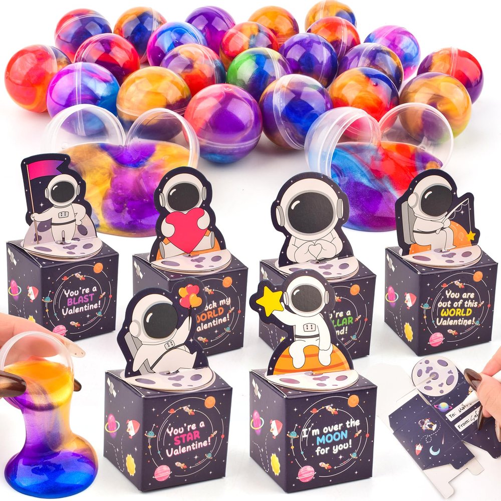 24 Pack Valentines Day Gift Cards Box with Slime, Galaxy Slime Balls Stress Relief Fidget Toy for Kids Party Favor, Classroom Exchange Prizes Gift Set, Valentine Party Favors for Kids Girls Boys