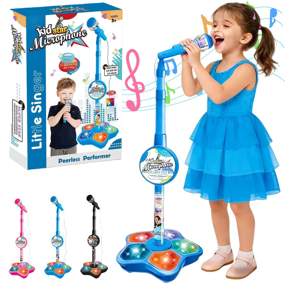 Kids Microphone with Stand,Microphone Stand for Kids,Microphones Toy Karaoke Machine,All in One Microphones Toy,Standing Microphoness for Kidss, with Lights, Speaker & Echo Effect (Blue)