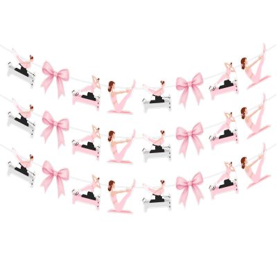JOYMEMO 3 Pieces Pilates and Pink Bow Party Banners, Pink Pilates Theme Birthday Decorations for Girls Women, Sports Fitness Theme Photography Background Party Supplies for Birthday Baby Shower