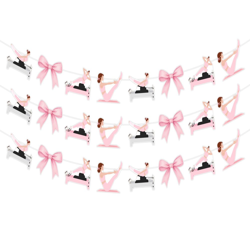 JOYMEMO 3 Pieces Pilates and Pink Bow Party Banners, Pink Pilates Theme Birthday Decorations for Girls Women, Sports Fitness Theme Photography Background Party Supplies for Birthday Baby Shower