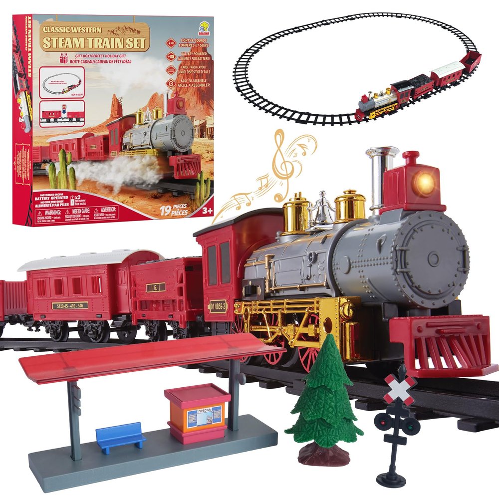 Goldlok Electric Train Set with Light & Sounds, 19 PCS Train Toys for Toddlers 3-5 & Kids 4-8, Locomotive, Passenger Car, 12 Tracks, Indoor Toy, Birthday for Boys and Girls