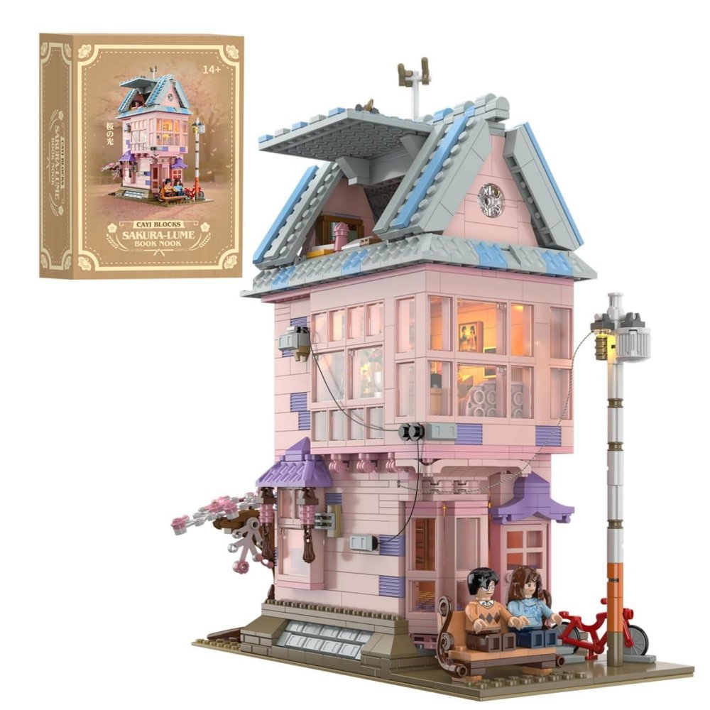 amireed House Building Block Sets for Adult with Light, 1432 PCS Cherry Blossom House Building Kit with 3 Story Home Decor, Japanese Modern House Model Birthday Gift for Adults Teens Girls