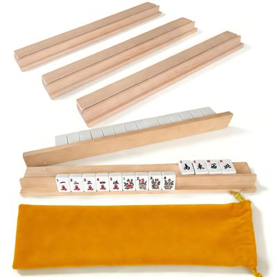 Beech Wood Mahjong Racks with Pushers, Premium Hardwood Tile Holders in Natural Finish, 17.3 Inch Durable Trays Set of 4 for American Mahjong & Dominoes, Smooth Surface Game Accessories(Natural)