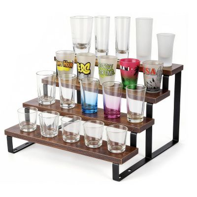 4 Tier Rustic Wood Shot Glass Display Stand, Perfect for Shot Glass Storage Organizer, Rustic Shelf Suitable for Perfume Display and Spice, Ideal for Kitchen, Home Bar & Man Cave, Easy to Assemble