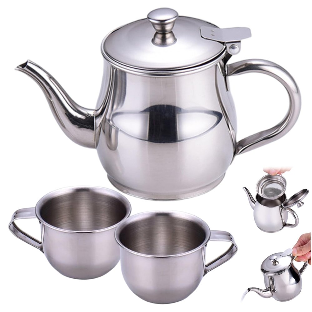 CAKEEYUM Kids Tea Set Includes Portable 330ml Stainless Steel Long Spout Teapot with Filter Screen and 2 70ml Cups for Children Gifts Childrens Tea Set, Kids, Small Teapot, Stainless Steel Te